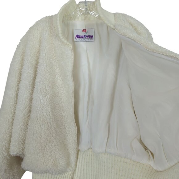 Vintage Monterey Fashions White Sherpa Bomber Jacket Women 16 Zip Up Teddy Coat - Picture 7 of 13